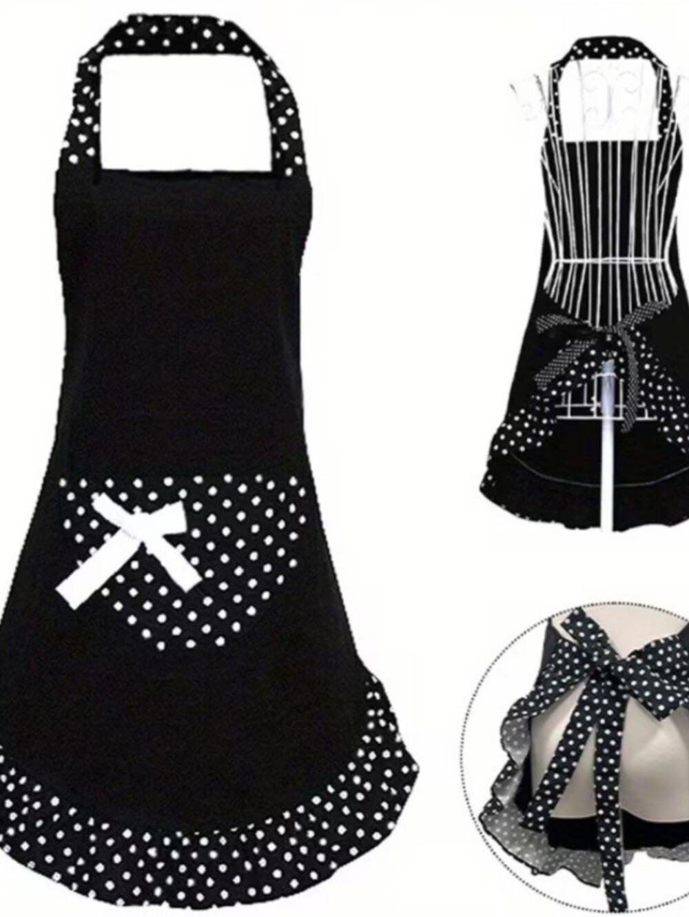 Black Polka Dot Ruffled Kitchen Apron with Pocket